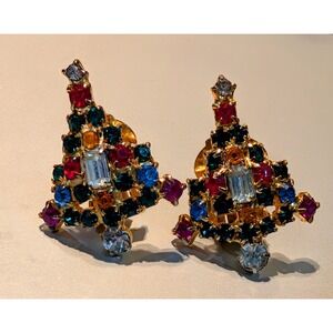 Vtg Warner Multi Color Rhinestone Christmas Tree Clip On Earrings Festive